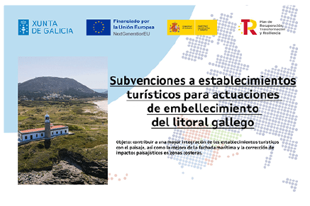 Cartel informativo de la subvención de la Xunta de Galicia para actuaciones de embellecimiento del litoral gallego, financiada por NextGenerationEU
